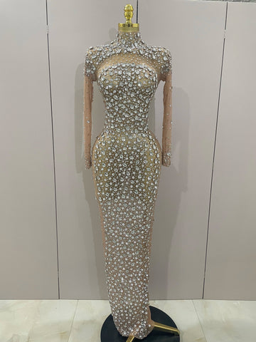 Sparkly Silver Big Rhinestone Sexy Transparent Long Dress Women Evening Birthday Party Celebrate Club Dancer Stage Costume Silver