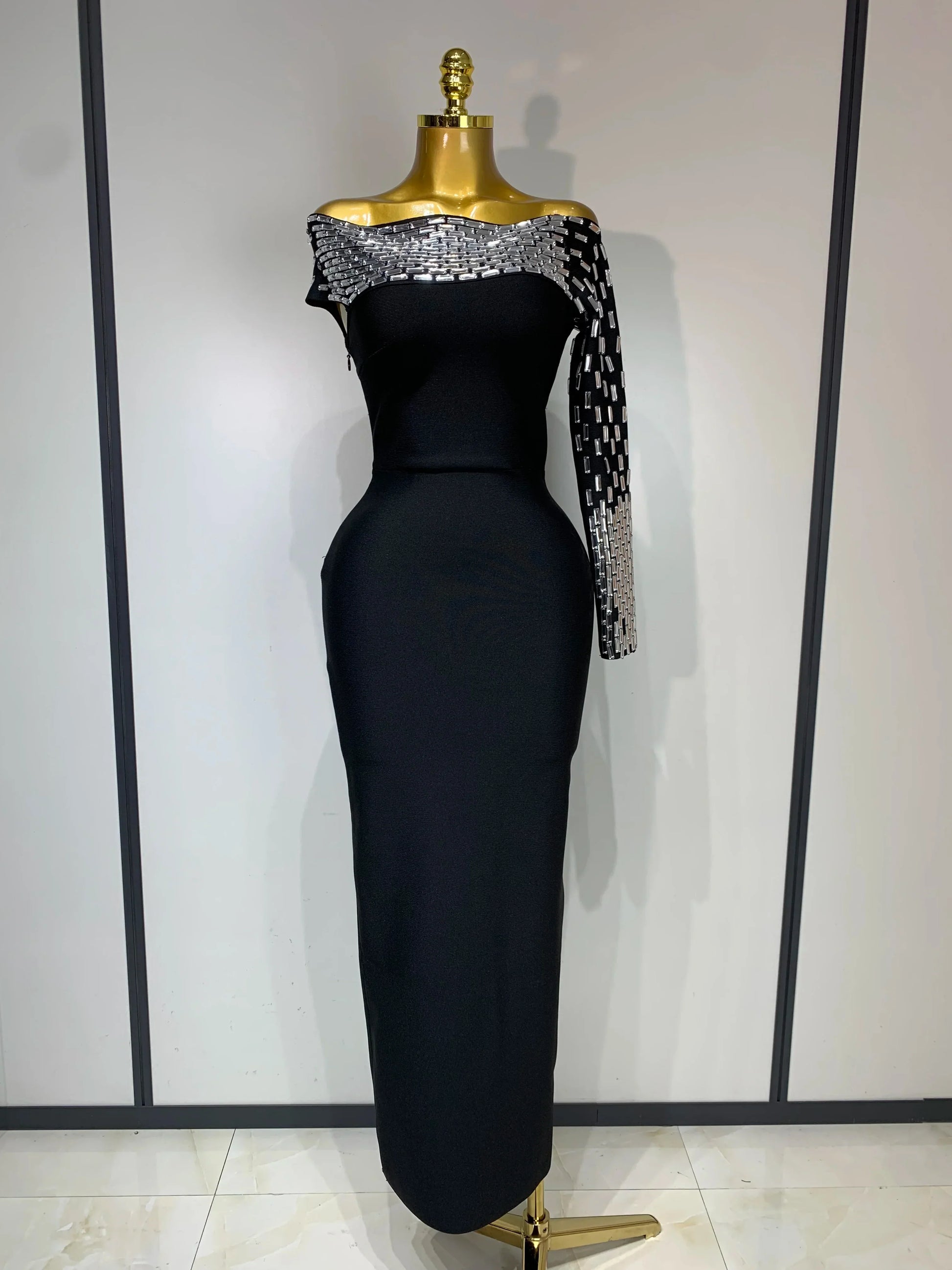 Women Celebrity Sexy Off-shoulder Diamonds Black Maxi Long Bandage Dress Evening Party Celebirty Elegant Stage Performance Dress black