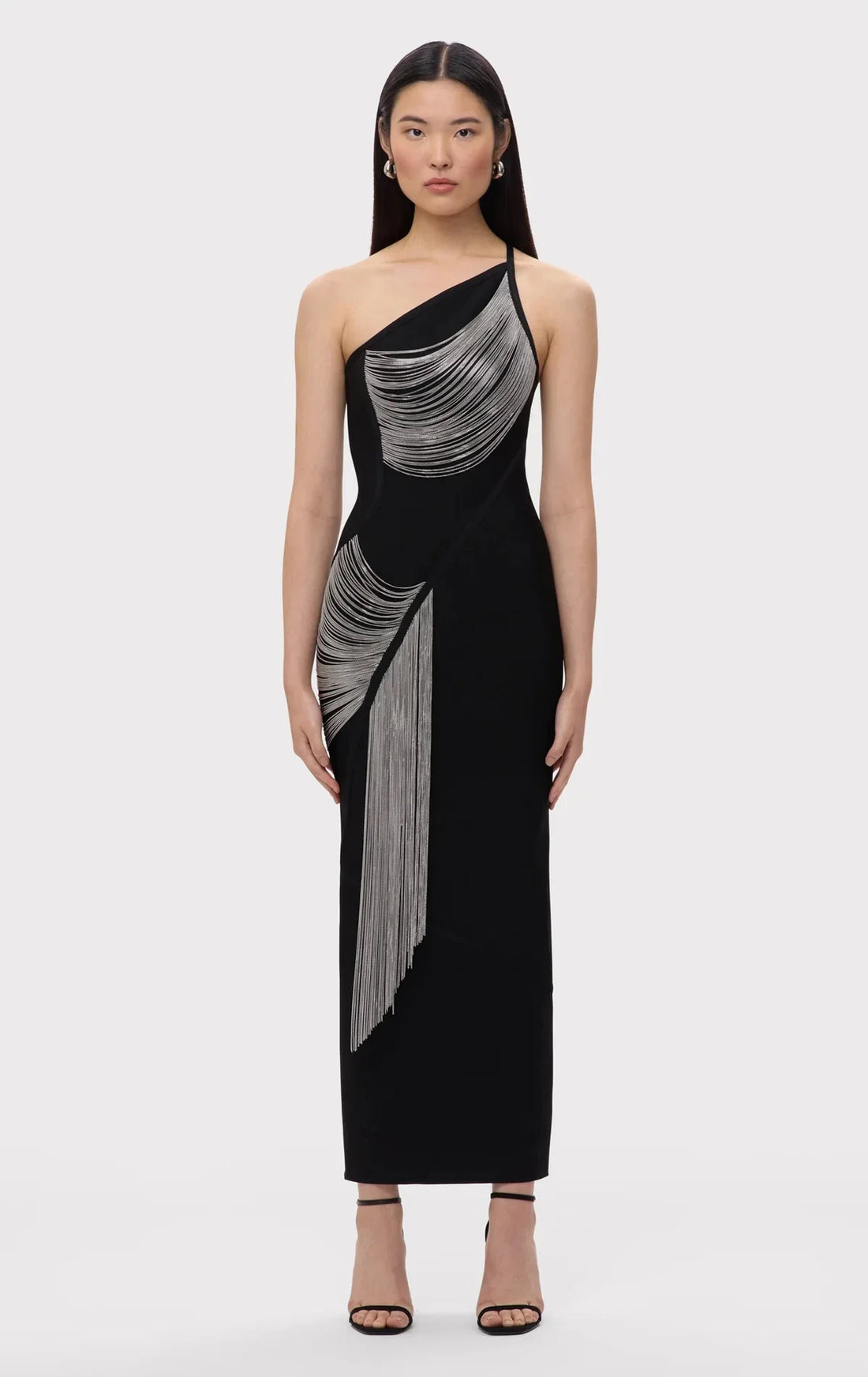 Women Sexy Halter Off the Shoulder Silver Tassels Bodycon Long Bandage Dress Evening Party Celebrate Cocktail Wear black