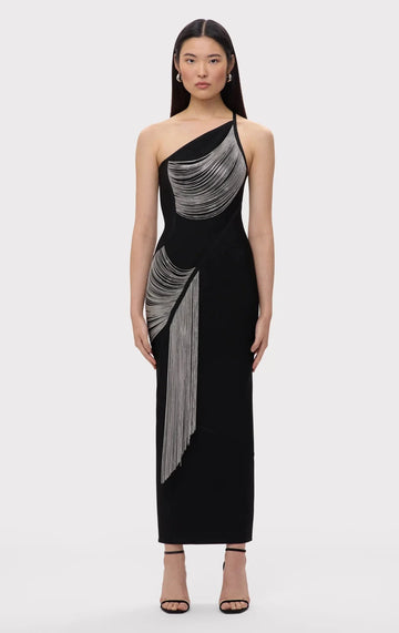 Women Sexy Halter Off the Shoulder Silver Tassels Bodycon Long Bandage Dress Evening Party Celebrate Cocktail Wear black
