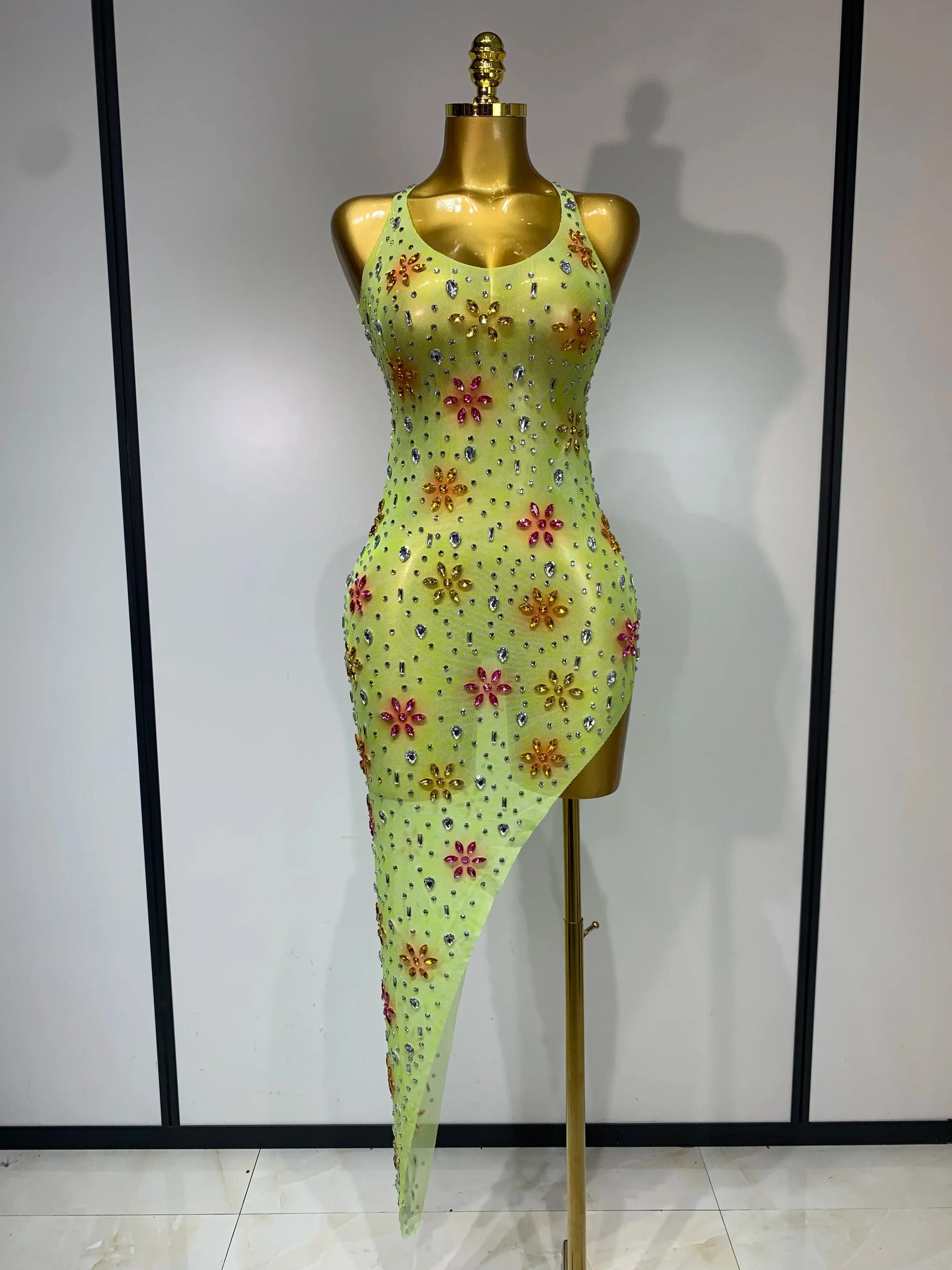 Newest Sexy Mesh High Split Sparkly Diamonds See Through Dress Luxury Birthday Dress Women Celebrate Party Stage Outfit Yellow