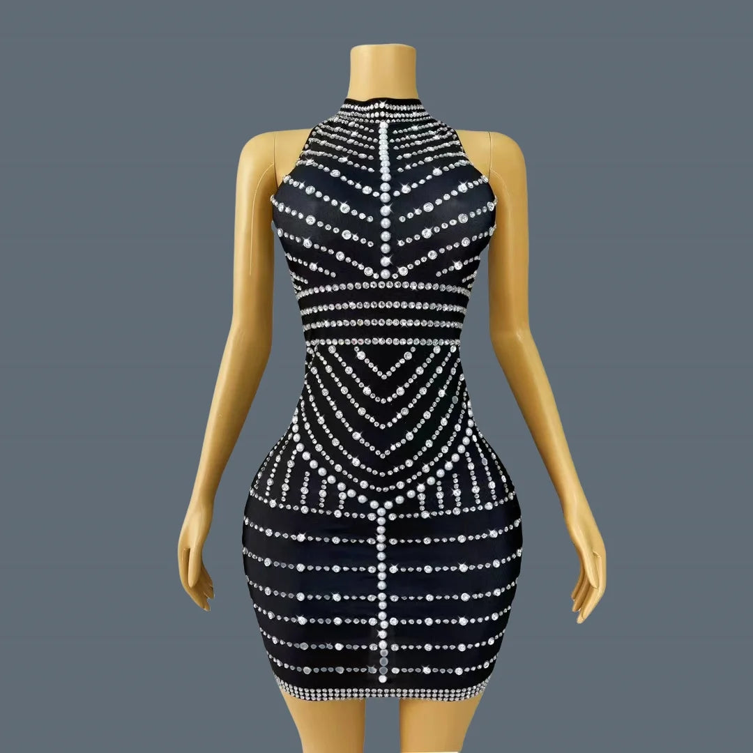 High-end Chic Black Mini Dress for Sexy Women Sparkly Rhinestone Tassel Bodycon Dress Birthday Party Queen Ball Dress lianhua black