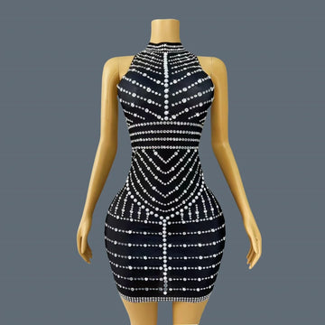 High-end Chic Black Mini Dress for Sexy Women Sparkly Rhinestone Tassel Bodycon Dress Birthday Party Queen Ball Dress lianhua black