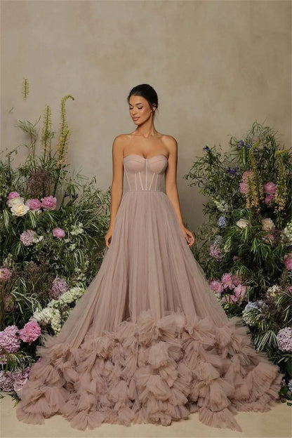 Sexy Tube Top فساتين سهره فاخره Elegantly Tulle A-line Prom Dresses Princess Crimping Shawl Vestidos De Noche