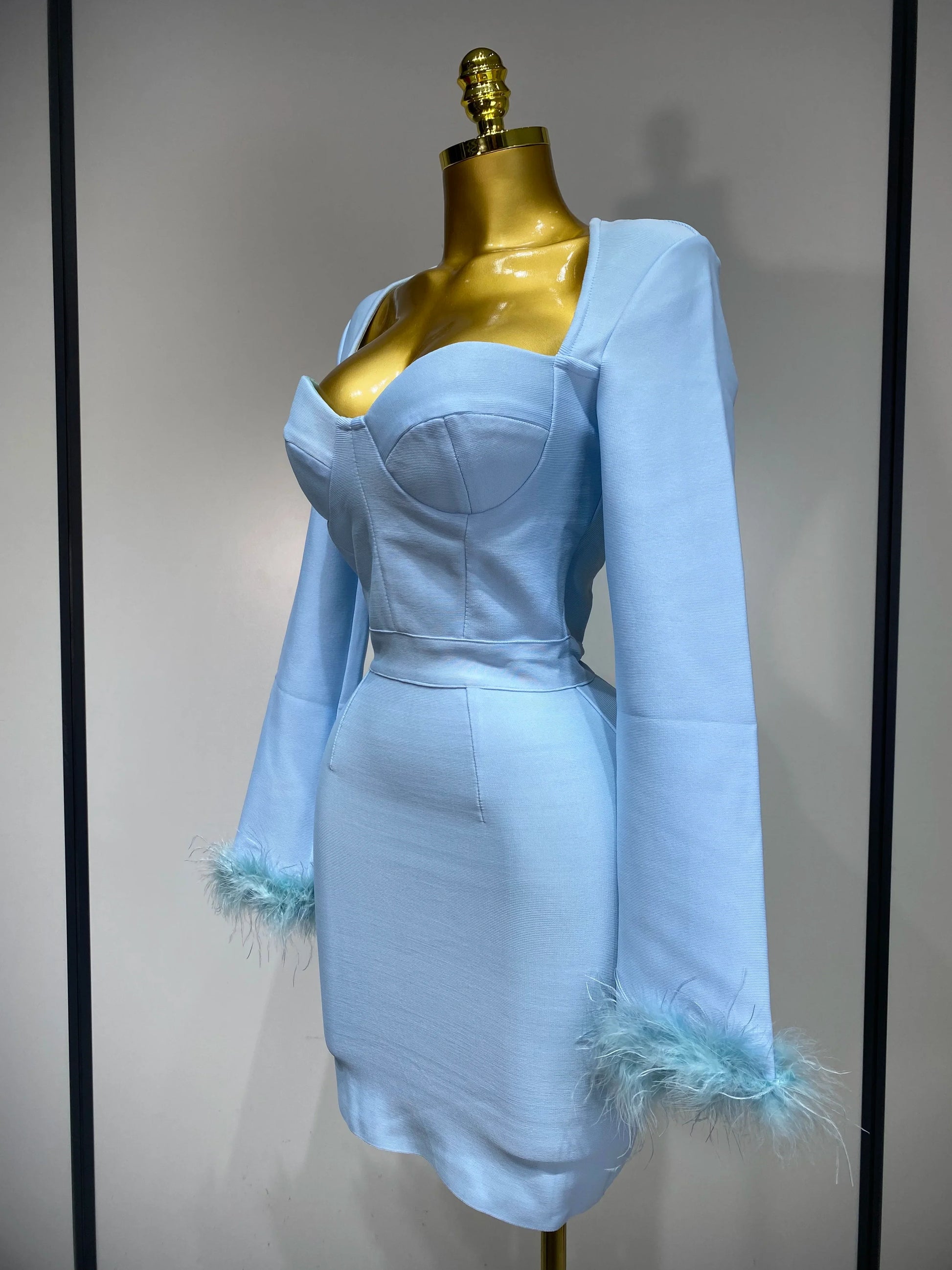 Women Fashion Sexy Long Sleeve Feathers Mini Bodycon Bandage Dress Elegant Evening Party Club Luxury Birthday Dresses