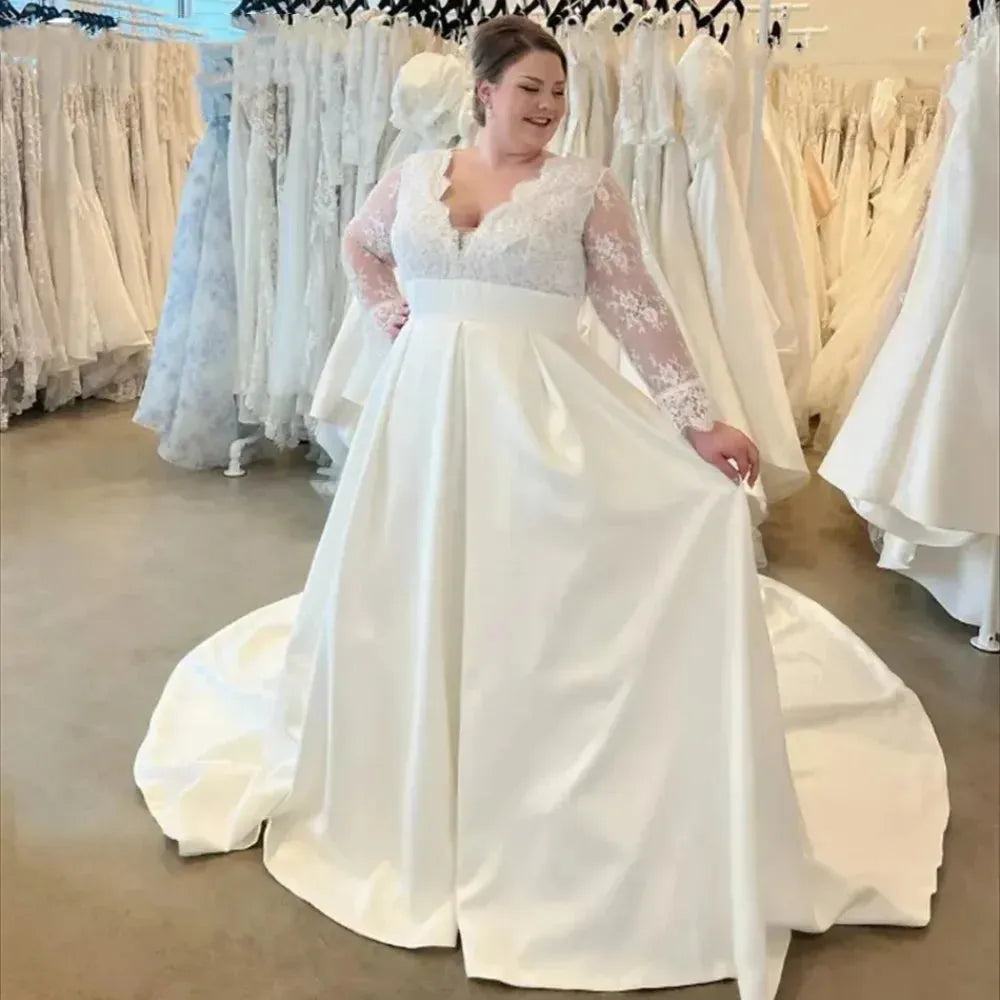 Plus Size Wedding Dresses with Long Sleeves Appliques Lace Sheer Back Satin A Line Garden Outdoor Beach Bridal Gowns As picture Plus Size