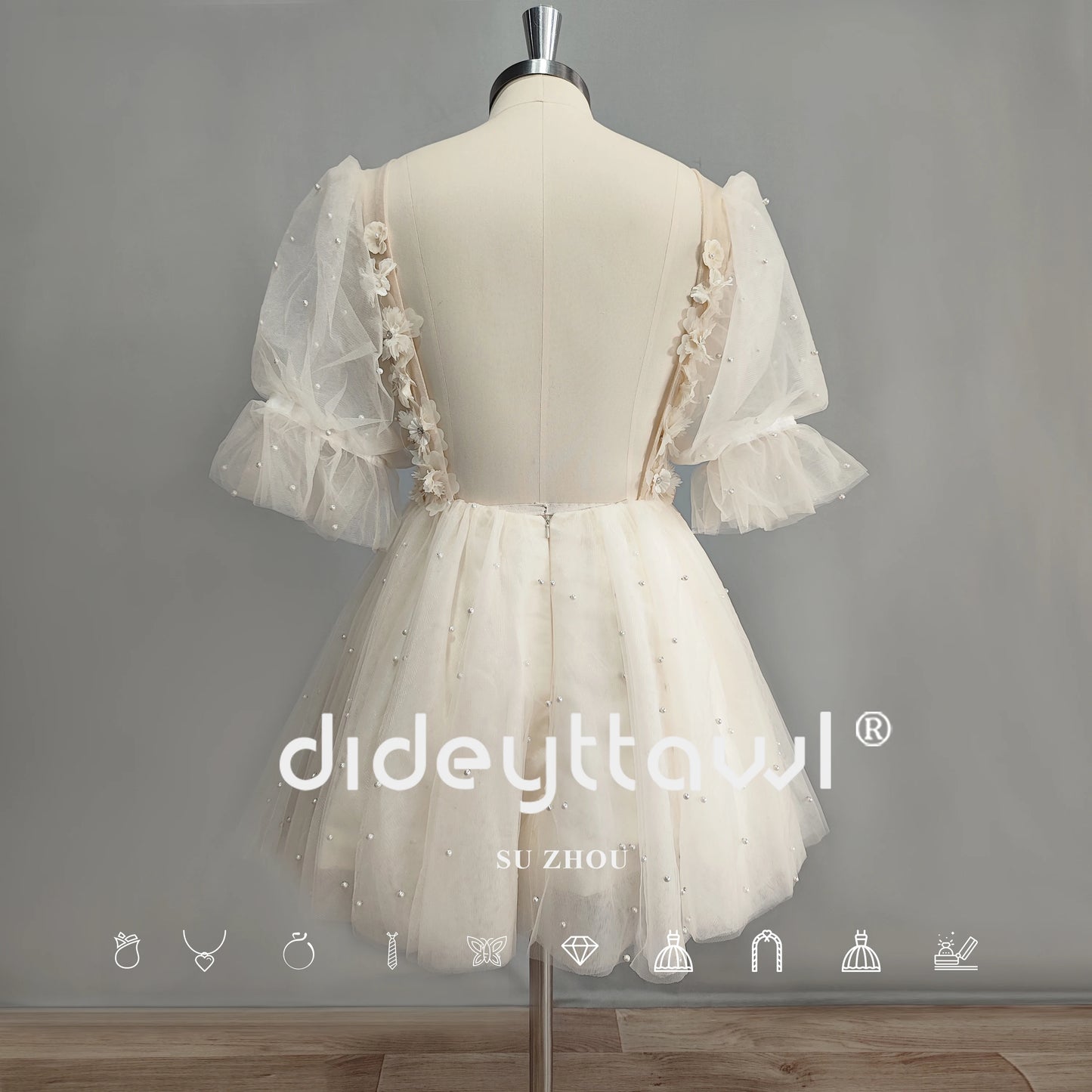 DIDEYTTAWL Real Photo 3D Flowers Puff Sleeves Short Wedding Dress Pearls Deep V Neck Backless Tulle Mini Bridal Gown