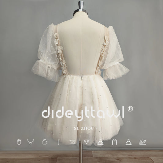 DideytTrawl Photo real Flores 3D Mangas de folhas de vestido de noiva curto pérolas profundas v pescoço traseiro tule mini vestido de noiva