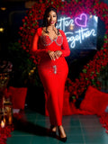 Radiant Red Long Sleeved Midi Dress with Crystal Embellishments for a Gala Event Evening Gown