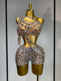 Luxury Diamonds Sexy Mesh Perspective Two Pieces Outfit Performance Dancer Singer Costume Nightclub Women's Set Birthday Wear Style 2