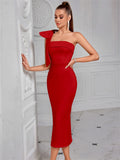 Formal White Evening Cocktail Party Prom Elegant One Shoulder Wedding Guest Mid-calf Length Celebrity Women Dresses Club