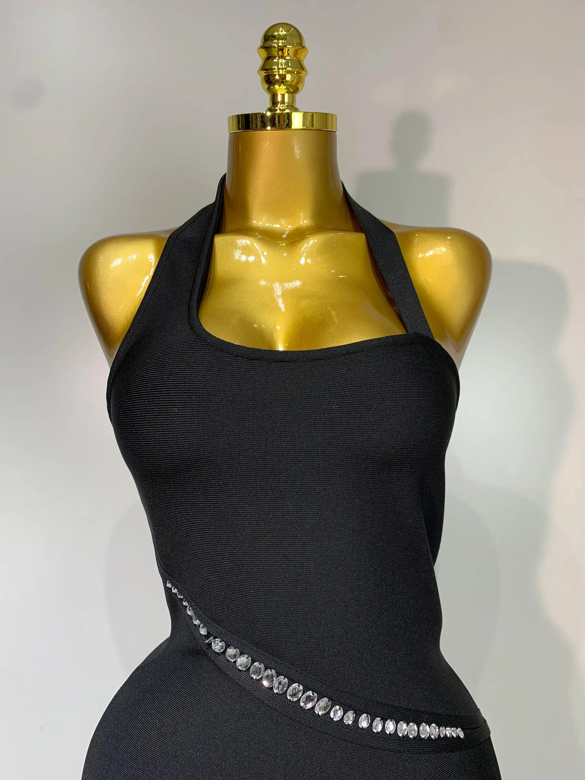 Women Celebrity Sexy Backless Halter Black Crystals Bandage Dress Knitted Elegant Evening Club Party Luxury Birthday Dress