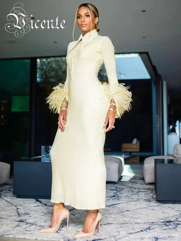 Light Yellow Maxi Dress Women Elegant Bodycon Bandage Long Sleeve Feather Design Party Dress Vestidos