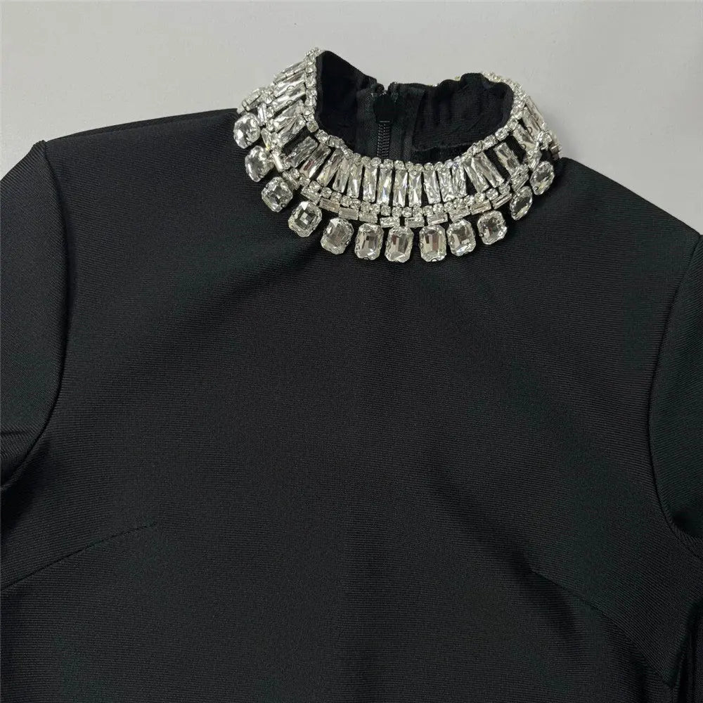 Women's Light Luxury Beaded Elegant Bandage Dress Stand Collar Horn Sleeve Bodycon Long Dresses Evening Club Party Vestidos