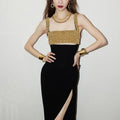 Golden Beading Sexy Hollow Out Black Bandage Ankle Length Dress Fashion Woman Evening Party Dress Celebrity Party Vestido