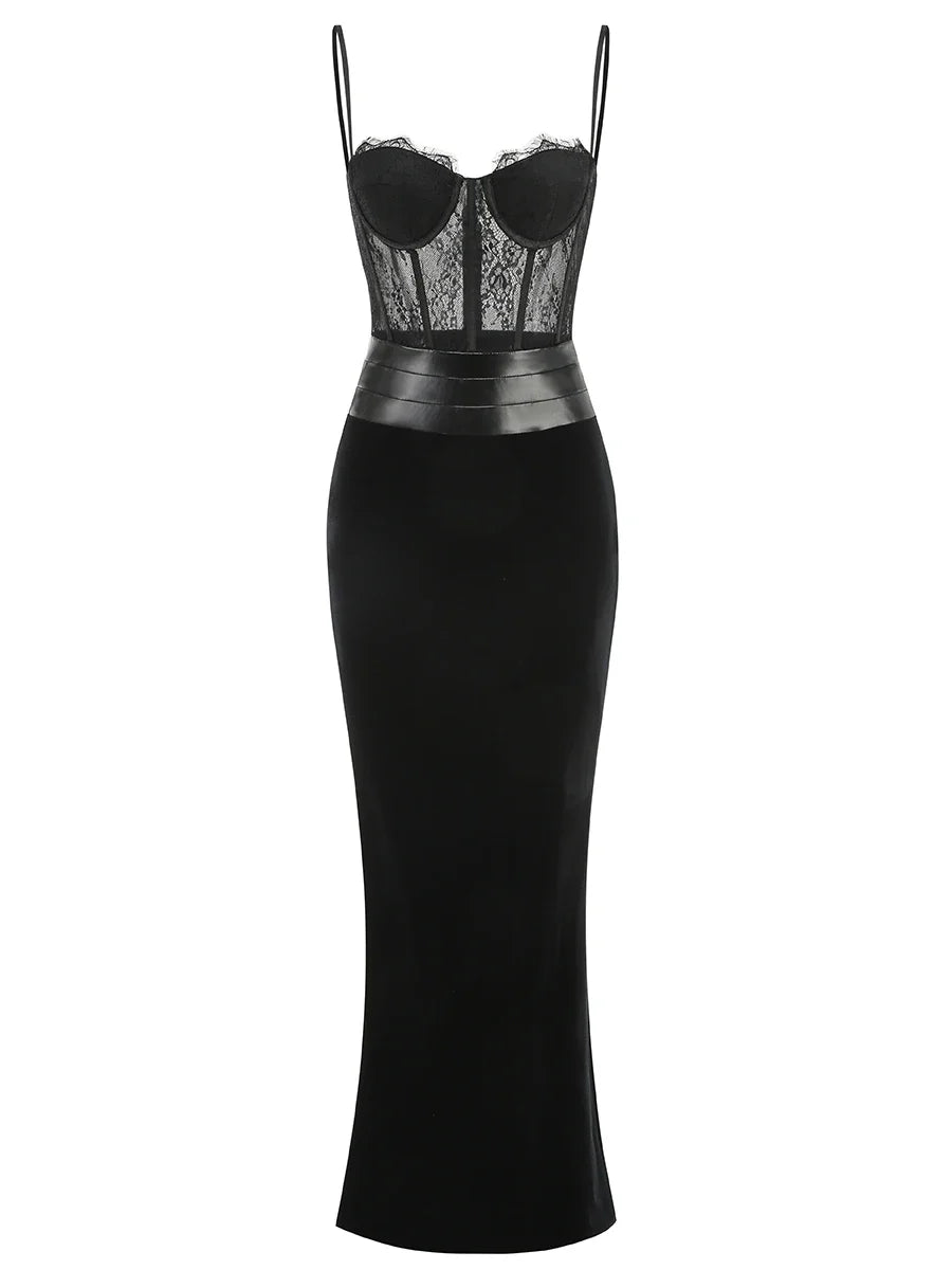 Black Women Sexy Strap Lace Fashion Bodycon Long Maxi Dress Celebrate Birthday Vacation Cocktail Outfit Vestido