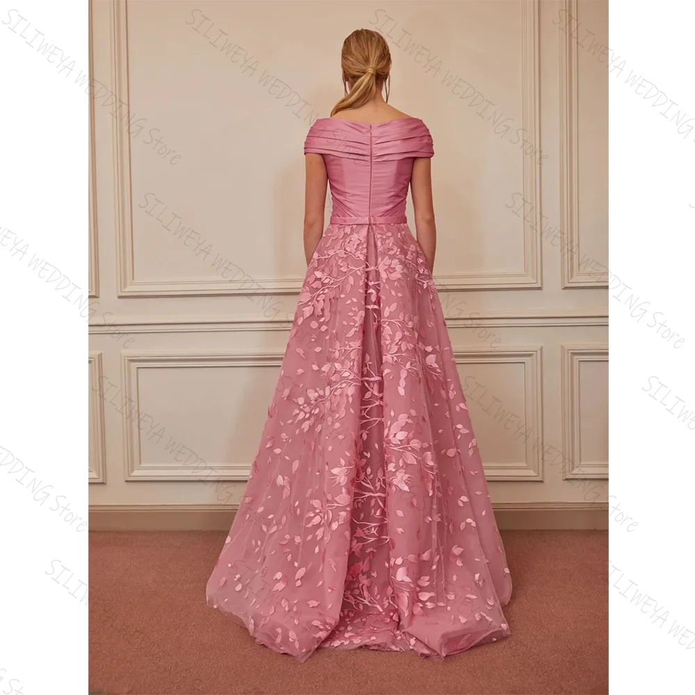 Elegant Pink Long Evening Dresses Women Off the Shoulder Appliqued Organza Formal Occasion Dress فساتين السهرة