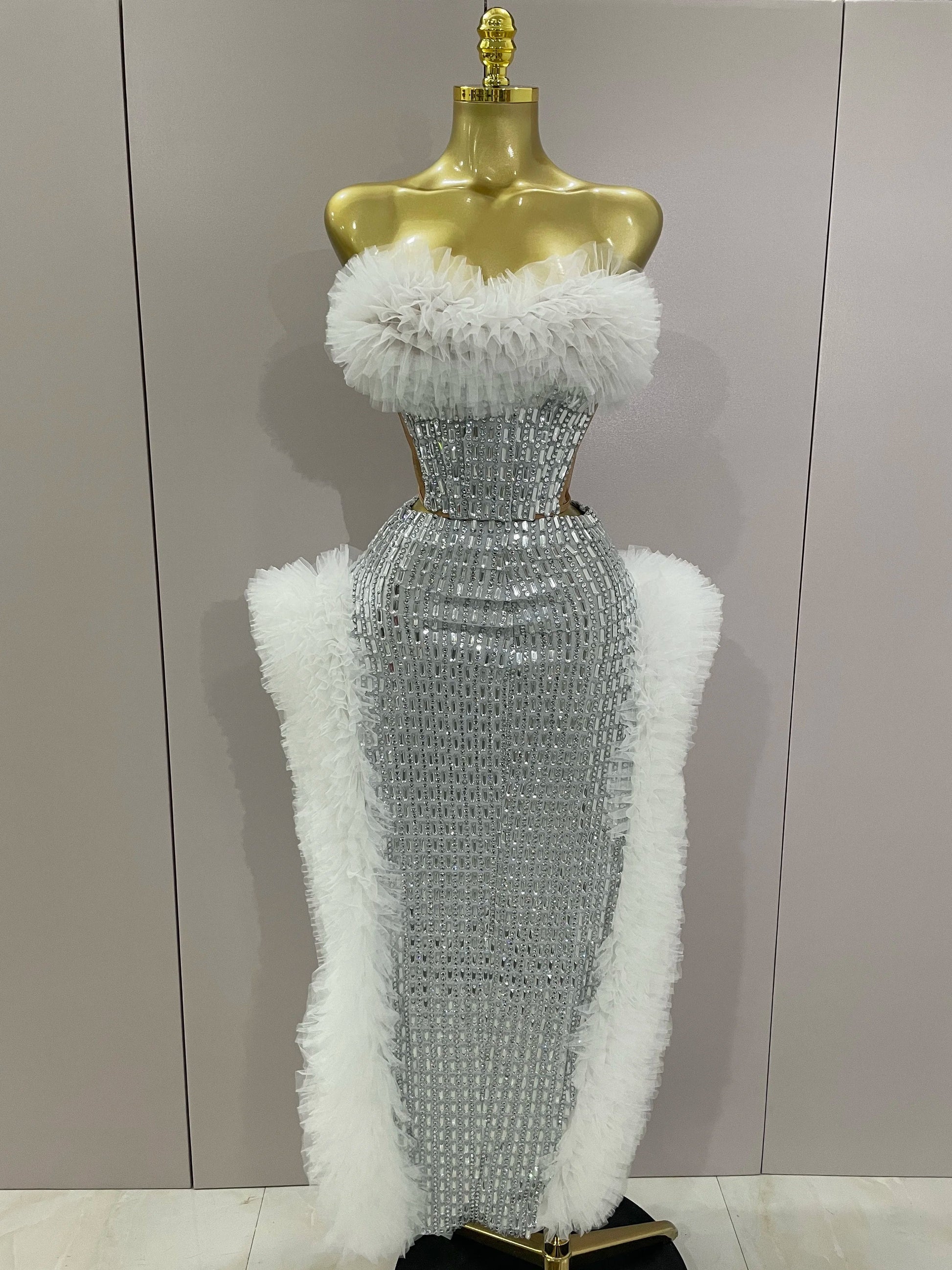 Sparkly Rhinestone Sexy Strapless Tops Skirt 2 PCS Set Women Celebrate Evening Prom Birthday Dress Nightclub Stage Outfit WHITE