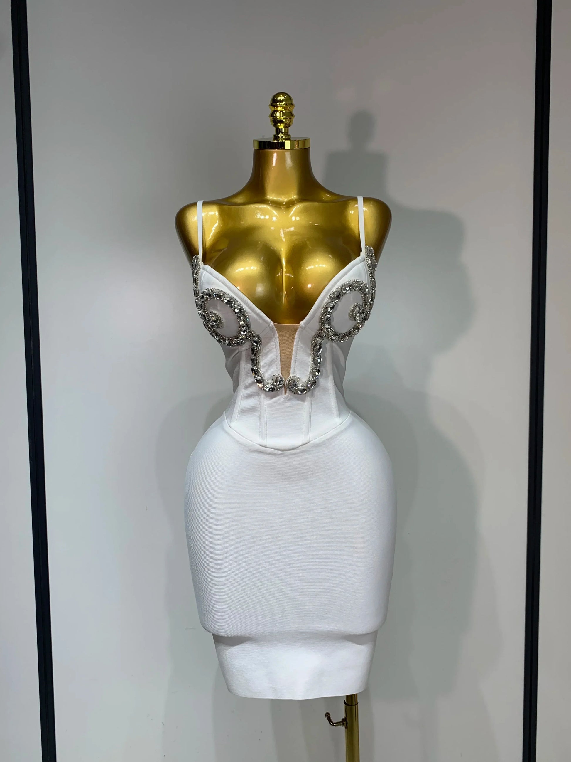 Women Sexy Spaghetti Strap V Neck Crystal Sleeveless Bandage Dress White Elegant Evening Party Cocktail Luxury Birthday Gowns WHITE