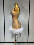 Luxury Party Cocktail Short Dress Women Mesh Sexy See Through Rhinestones Tassel Dress Nightclub Perform Singer Stage Costume