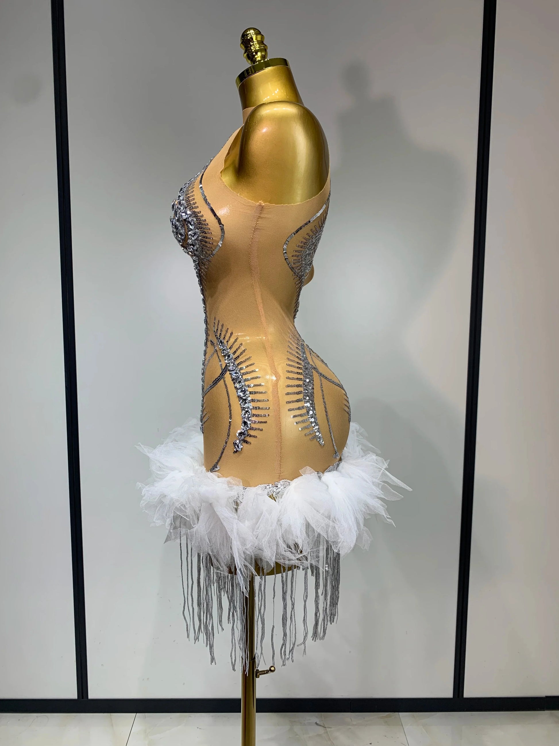 Luxury Party Cocktail Short Dress Women Mesh Sexy See Through Rhinestones Tassel Dress Nightclub Perform Singer Stage Costume