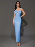 Sexy Women'S Light Luxury Flower Design Bandage Dress Spaghetti Strap Sleeveless Bodycon Backless Long Dresses Vestidos Blue