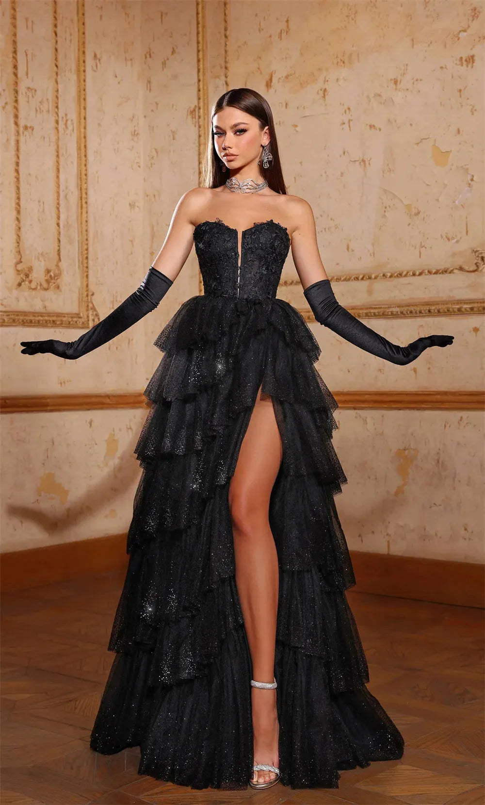 Black Lace Appliques Prom Dresses A-line فساتين السهرة Elegant Sleeveless Sexy Side High Split vestidos verano moda as pic 1