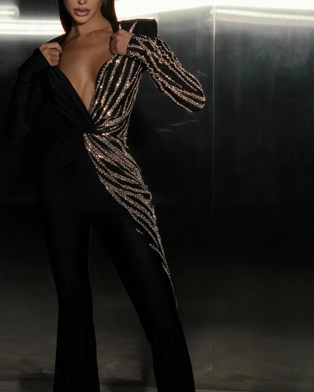 Spring Sparkling diamonds Sexy V-Neck Stylish Flare Pants Jumpsuit Woman Fashion Party Outfit Stage Performance Costume