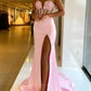 Pink Prom Dresses Satin Strapless Lace Applique Beaded Sweetheart Long Sweep Train Formal Party Evening Gown Illusion Sleeveless