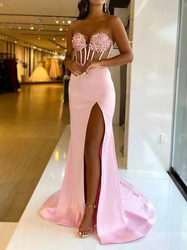 Pink Prom Dresses Satin Strapless Lace Applique Beaded Sweetheart Long Sweep Train Formal Party Evening Gown Illusion Sleeveless