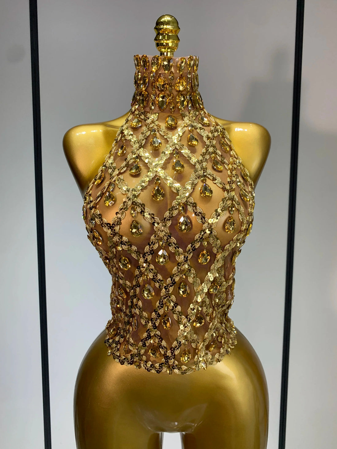 Shining Rhinestones Sexy Transparent Mesh Top Women Evening Party Celebrate Fashion Show Singer Dancer Nightclub Stage Costume Gold