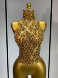 Shining Rhinestones Sexy Transparent Mesh Top Women Evening Party Celebrate Fashion Show Singer Dancer Nightclub Stage Costume Gold