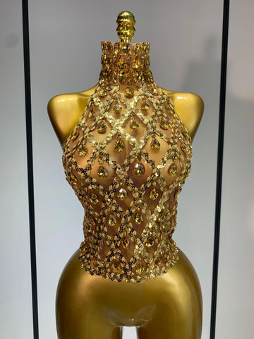 Shining Rhinestones Sexy Transparent Mesh Top Women Evening Party Celebrate Fashion Show Singer Dancer Nightclub Stage Costume Gold