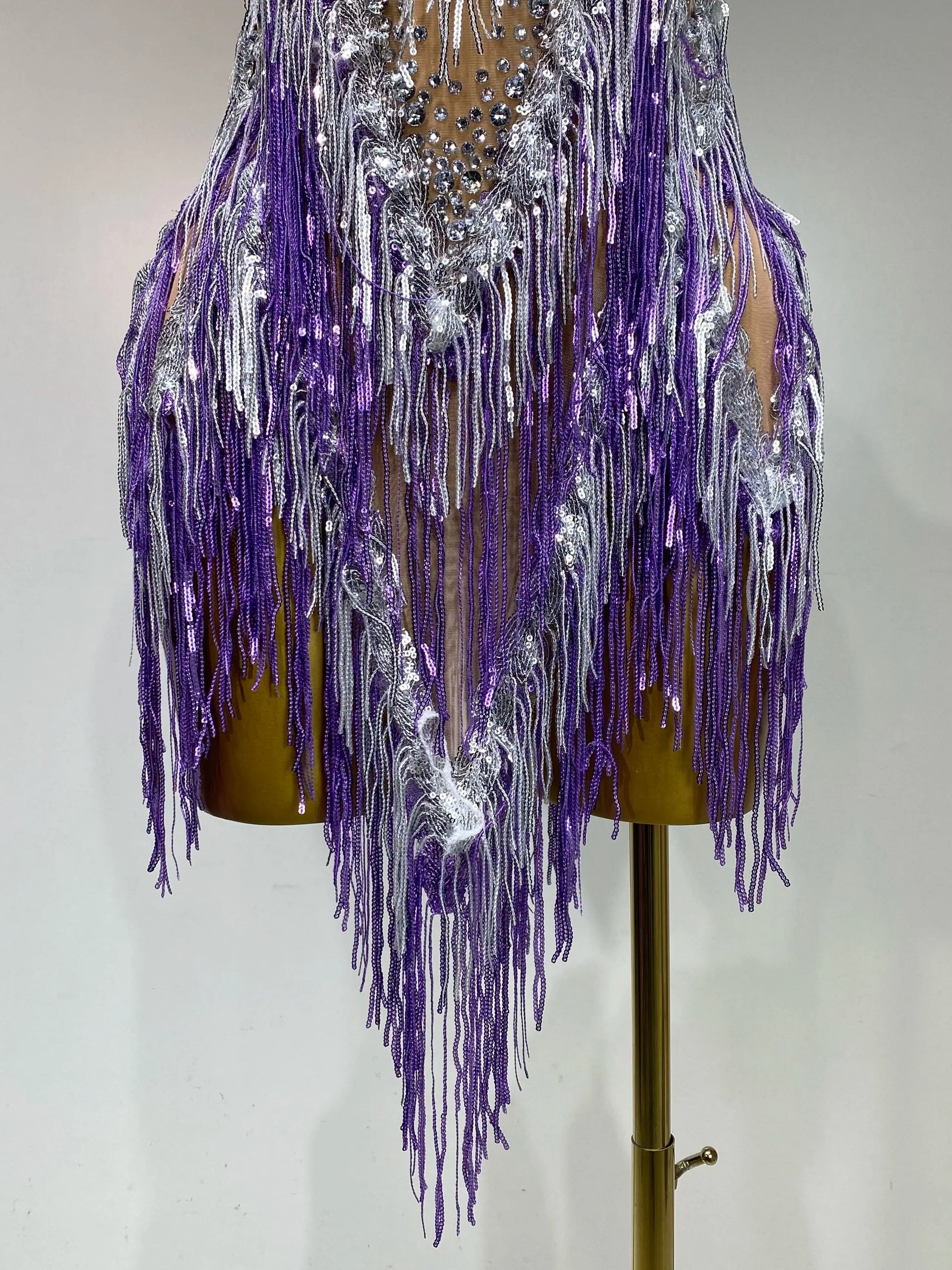 Luxury Rhinestone Tassel Sexy Women Short Latino Dance Dress Birthday Nightclub Bar Sleeveless Sparkly Performance Stage Outfit