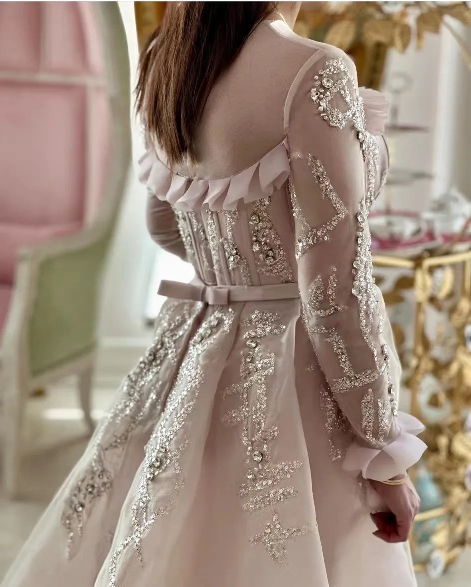 Arrival Pink Dress Long Sleeves Crystals A Line Illusion Sweep Train Formal Party Gown