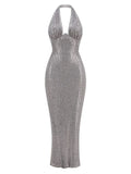 Sexy Women's Maxi Red Sparkle Dress with Hanging Neck Sleeveless Bodycon Backless Long Dresses Evening Club Party Vestidos Dark Grey