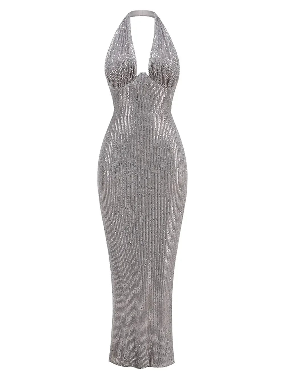 Sexy Women's Maxi Red Sparkle Dress with Hanging Neck Sleeveless Bodycon Backless Long Dresses Evening Club Party Vestidos Dark Grey