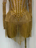 Luxury Birthday Evening Party Gown Sparkly Rhinestone Bodysuit Women Sexy Mesh See Through Performance Dance Stage Costume