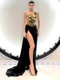 Sexy Backless Long Skirt 2 Pieces Set Women Strapless Golden Ruched Lace Up Top with Black High Slit Maxi Skirt Party Suits