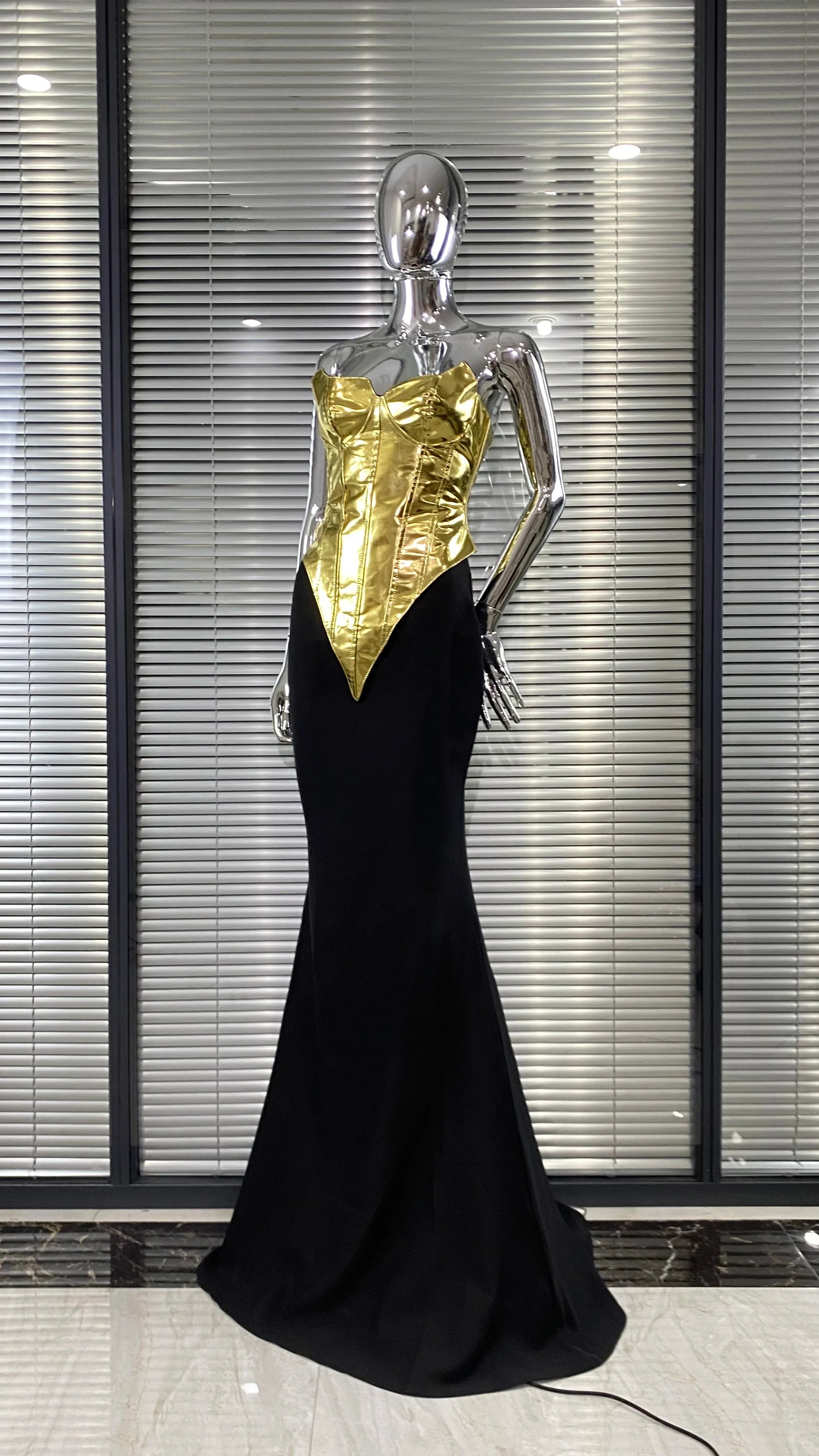 Women Sexy Gold Laced-up Tops Long Maxi Skirt Set Celebrate Evening Party Nightclub Fashion Cocktail Outfit Dress