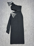 Sexy Women's Light Luxury Nail Diamond Bandage Dress One Shoulder Slant Neck Bodycon Waist Long Dress Evening Party Vestido black