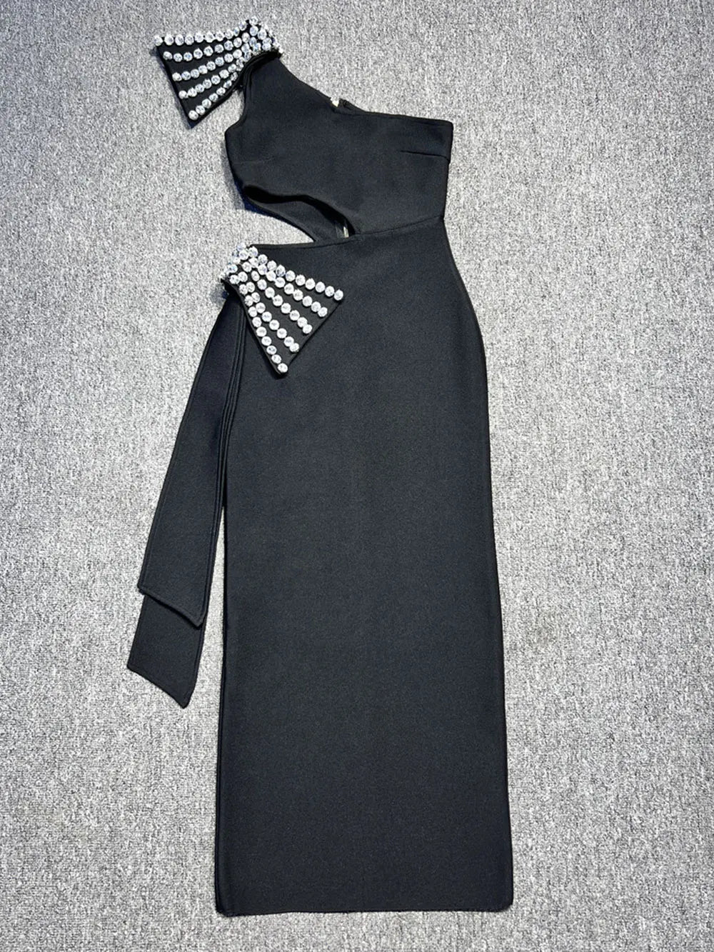 Sexy Women's Light Luxury Nail Diamond Bandage Dress One Shoulder Slant Neck Bodycon Waist Long Dress Evening Party Vestido black