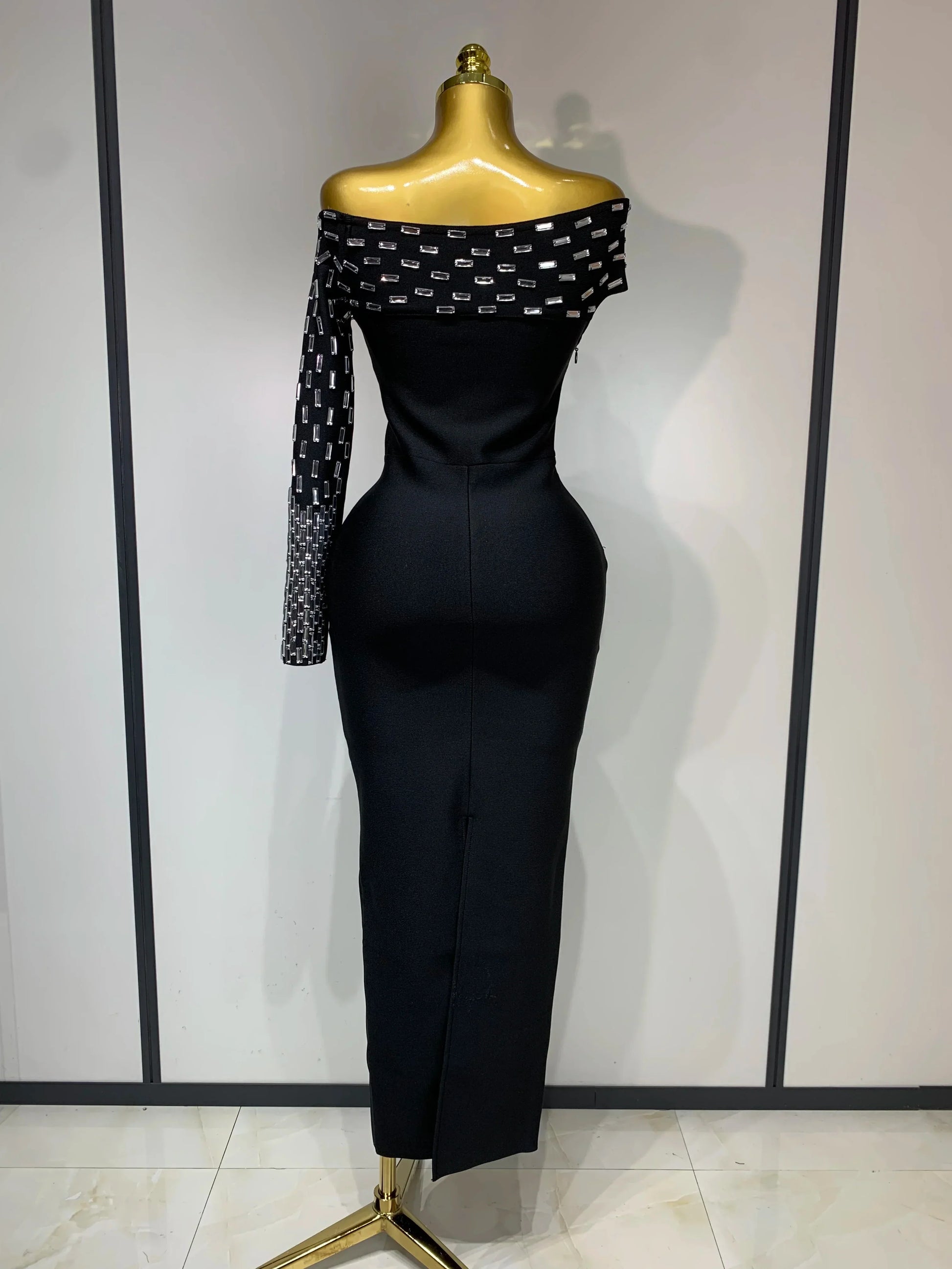 Women Celebrity Sexy Off-shoulder Diamonds Black Maxi Long Bandage Dress Evening Party Celebirty Elegant Stage Performance Dress