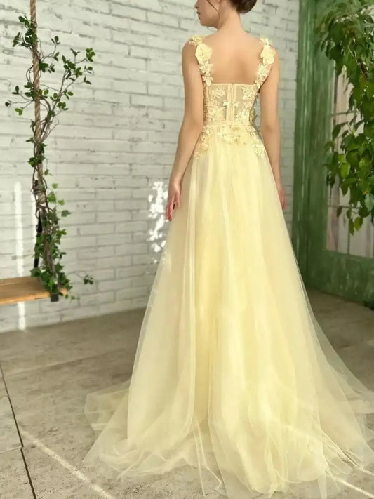 Yellow Floral Prom Dresses Lace Applique Tulle with Belt Spaghetti Strap Long Sweep Train Graduation Homecoming Evening Gowns