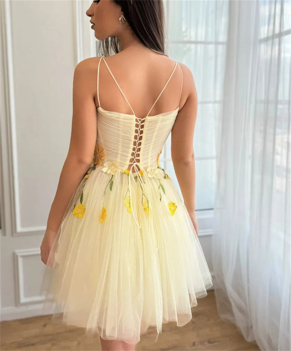 Yellow Flower Appliques Prom Dresses Spaghetti Strap Tulle Mini فساتين السهرة Lace-up Back Sweet vestidos verano moda