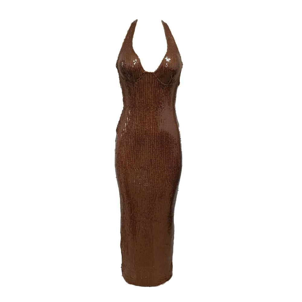 Gorgeous Sexy Brown Sequin Halter Backless Sleeveless V-Neck Dress Party Summer Evening Gown Brown