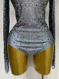 Sparkle Silver Rhinestones Stretch Bodysuits Women Luxury Birthday Evening Party Sexy Nightclub Singer Stage Costume