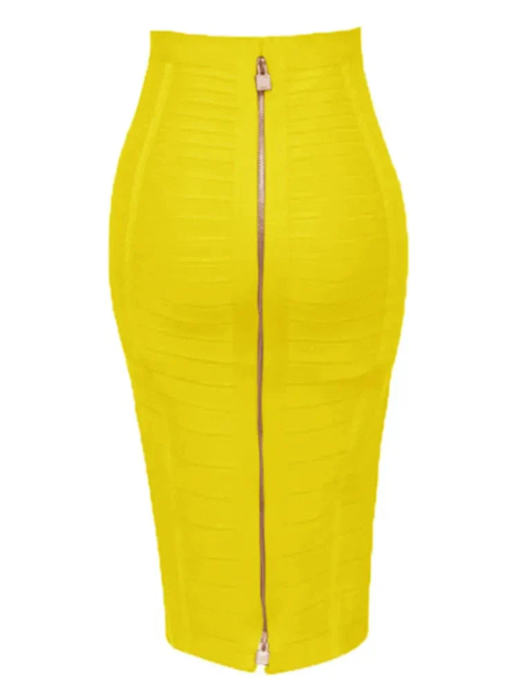All Match Style 15 Colors Golden Zipper Package Hips Knee Length Bandage Skirt Fashion Office Lady Wear Woman Basics item Yellow
