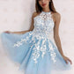 Halter Short Prom Dresses Lace Applique Backless Formal Party Pink Blue Ball Gown Champagne Evening Gown Custom made