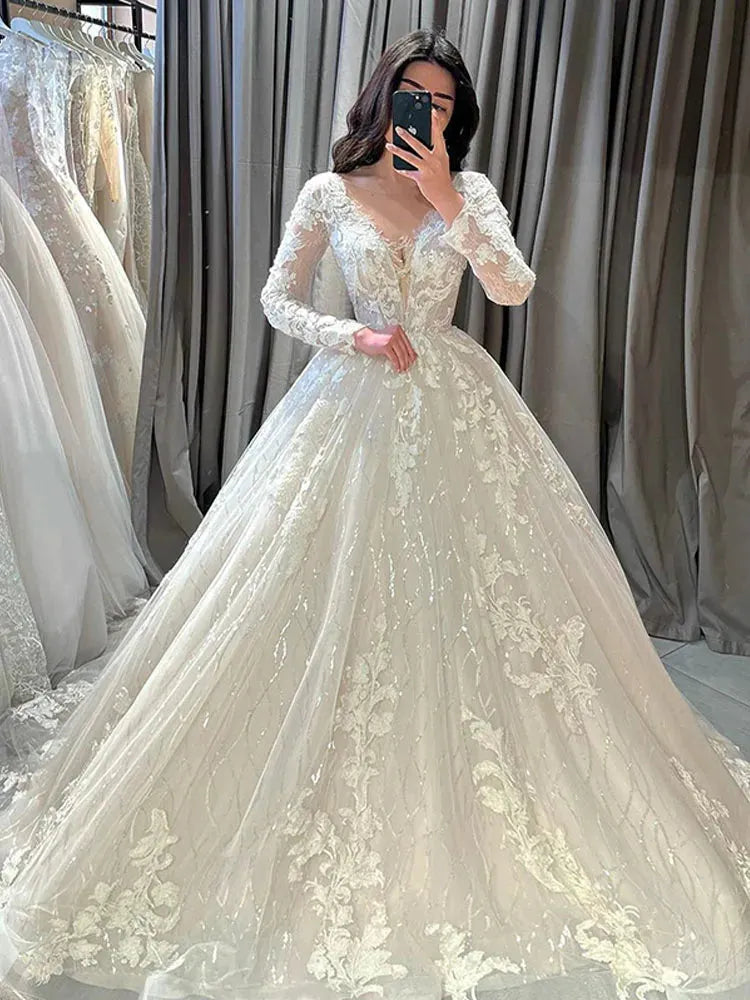 V Neck Princess Wedding Dresses A Line Long Sleeve Appliqued Lace Bride Dress Elegant Shiny Modest Bride Wedding Gowns Ivory